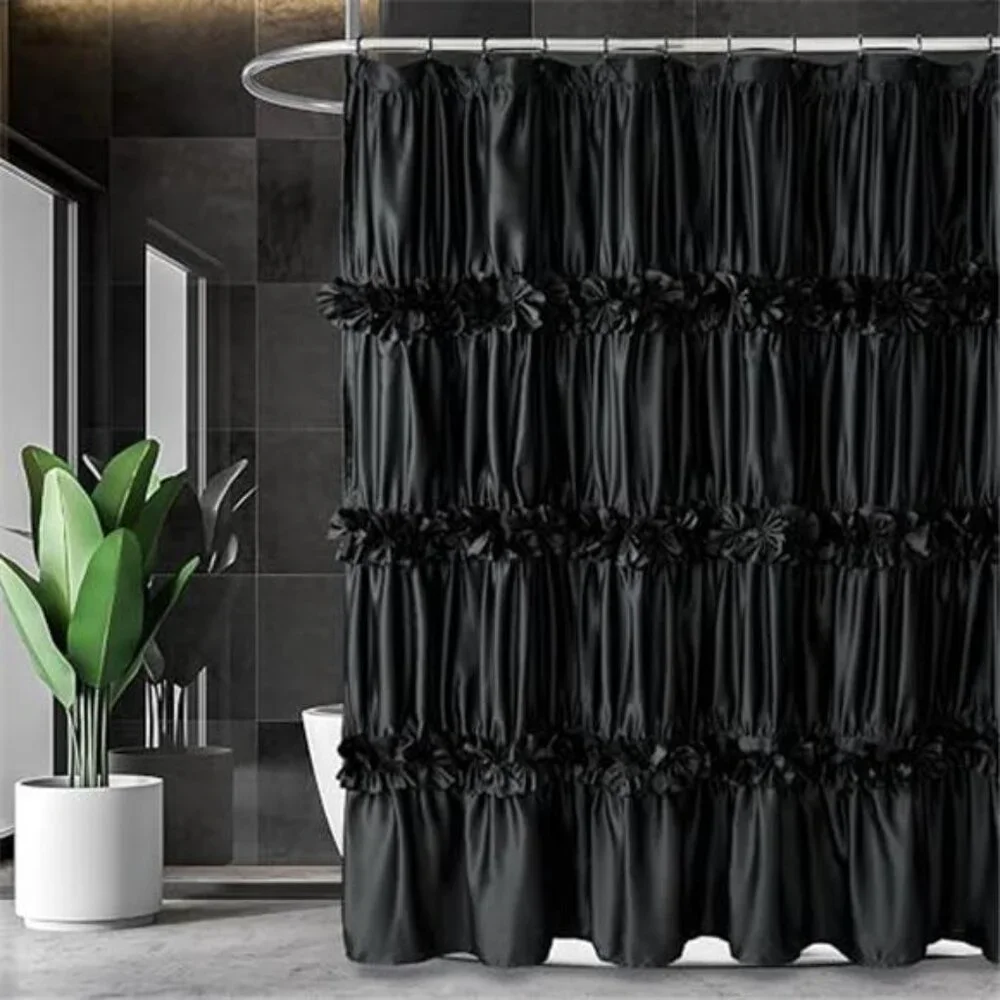 Black Ruffle Shower Curtain, Vintage Handcrafted Bow Tie Bath Curtain